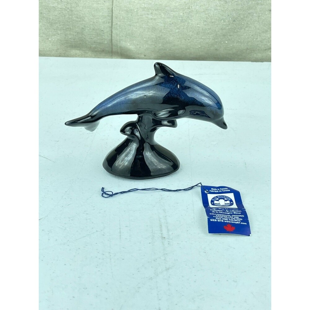 Vintage Blue Mountain Pottery Diving Dolphin Figurine Cobalt Blue & Black Glazed
